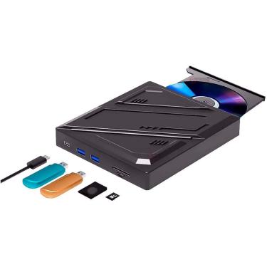 Imagem de Drive externo 6 Em 1 - HUB Leitor E Gravador de CD DVD, Com 2 Porta USB 3.0 1 Tipo C  1 Slot Cartão Micro SD e 1 SD