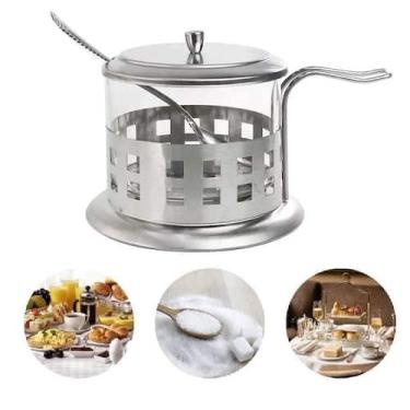 Imagem de Acucareiro inox vidro prata kit completo luxo colher tampa removivel p