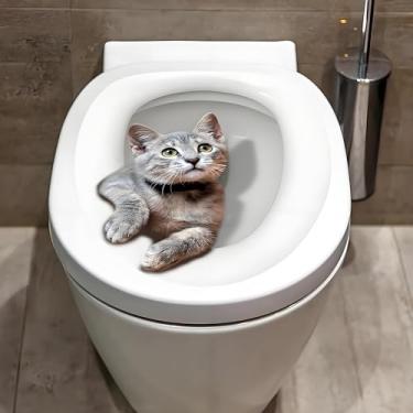 Imagem de Adesivos de banheiro fofos para gatos, decalque de tampa de vaso sanitário removível à prova d'água para decoração de banheiro, acessórios de tampas e tanques, decalques de assento engraçados