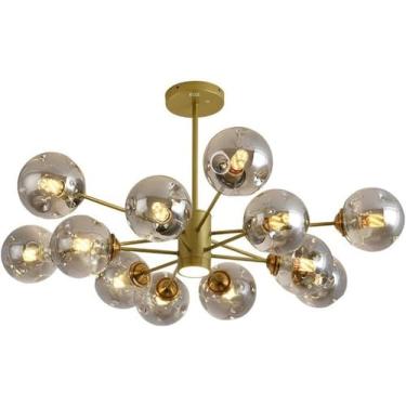 Imagem de Lustre de vidro dourado, lustre de teto com holofote LED, luminária pendente moderna em formato de bola preta e âmbar para sala de estar, sala de jantar, cozinha, quarto, 12 luzes cinza