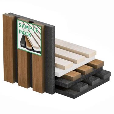 Imagem de Conjunto de 3 amostras de painéis acústicos de ripas 3D, painéis de acabamento de madeira com absorção de som de 12 x 15 cm, branco, nogueira e preto, amostras decorativas de parede acústica