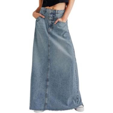 Imagem de Saia jeans maxi chouyatou vintage em linha A, cintura alta desgastada