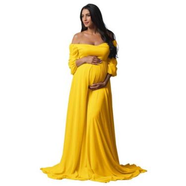 Imagem de Vestido de maternidade Fivsole de manga comprida em chiffon dourado XX