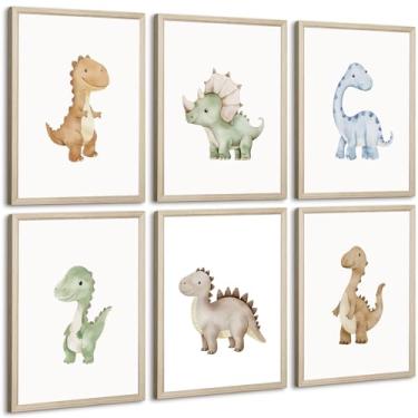 Imagem de Arte de parede de berçário de dinossauro, pôster em tela infantil, decoração de parede de quarto de meninos, aquarela, dinossauro, imagens de bebês, impressões de dinossauros, arte de berçário, para