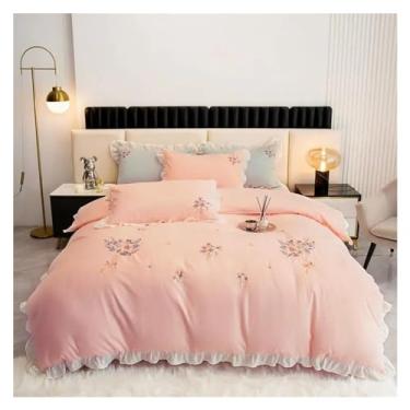 Imagem de Conjunto de cama 100% algodão lavado, flores chiques, bordadas, rosa, branco, borda de babados, fronhas elásticas ajustadas (rosa queen)