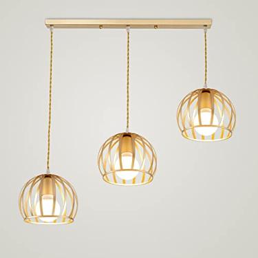 Imagem de YQSLQZZ Lanterna oca lustre de sala de jantar, luz de teto ajustável minimalista pós-moderna, luz E27*3 luz dourada fosca luminária decorativa interna
