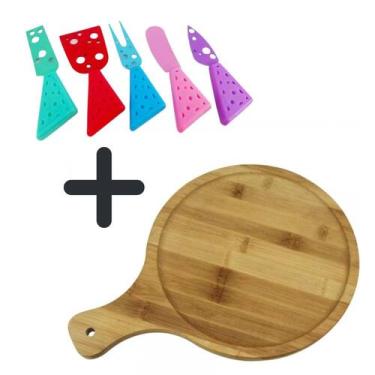Imagem de Conjunto Para Queijo Com 5 Talheres E Tabua Em Bambu Redondo - MP