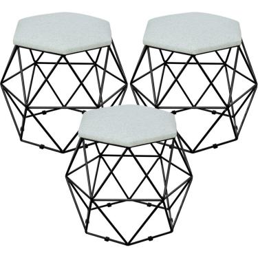 Imagem de Kit 03 Puffs Decorativo Aramado Preto Six L02 Linho Cinza - Lyam Decor