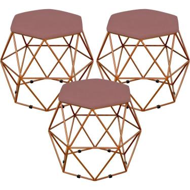 Imagem de Kit 03 Puffs Decorativo Aramado Bronze Six L02 Suede Rosê - Lyam Decor