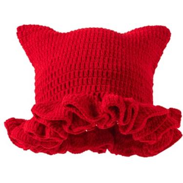 Imagem de eYourlife2012 Ruffled Brim Knitted Beanie Hats with Horns Handmade Crochet Bucket Hat with Cat Ears for Womens Cosplay Costumn Halloween (US, Alpha, One Size, Red)