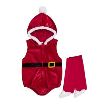 Imagem de Nibbcoa My First Christmas Roupa de bebê menino menina fantasia de veludo com capuz zíper sem mangas macacão regata body com meias (vermelho, 18-24 meses)