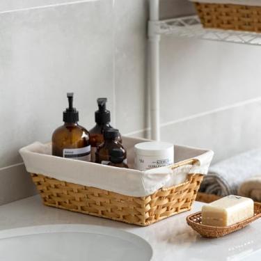 Imagem de Sukkiri Homu Cesto de armazenamento de vime com alças, pacote com 2 compartimentos para organização de banheiro, quarto e sala de estar, organizador de vime lavável com forro