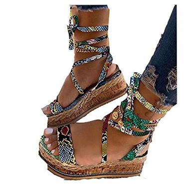 Imagem de Bigfanshu Sandálias femininas verão cobra cunha sapato estampa étnica moda casual cadarço praia senhoras plus size, Verde, 9.5 Wide