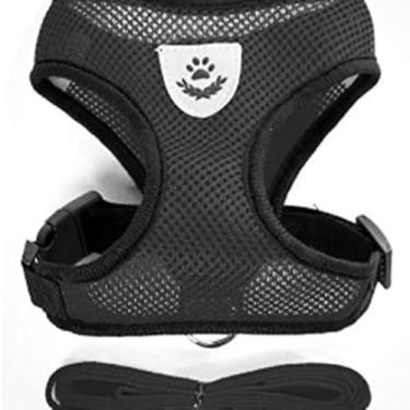 Imagem de Coleira Peitoral Colete C/Trava de Segurança (M - PRETO) + Guia Resistente | Peitoral Ajustável p/Gatos e Cachorros de Médio Porte