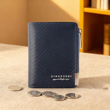 Imagem de Carteira masculina de fibra de carbono, dobra dupla, cor sólida, botão de pressão, com zíper, 6 compartimentos para cartões, 1 janela para identidade, 1 carteira compacta de camada de dinheiro para