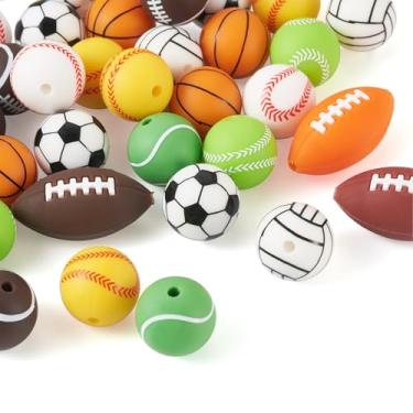 Imagem de Bola esportiva 54 contas de silicone redondas futebol tênis vôlei contas de borracha rugby espaçador solto para fazer chaveiros, canetas, artesanato, colar, pulseira, cordão