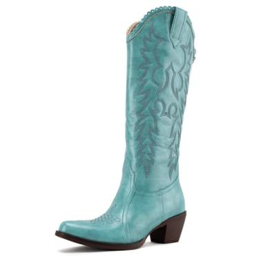 Imagem de GORBINETI Botas femininas caubói cano médio cowgirl western botas bordadas camurça bico amêndoa salto grosso, Turquesa 196, 38