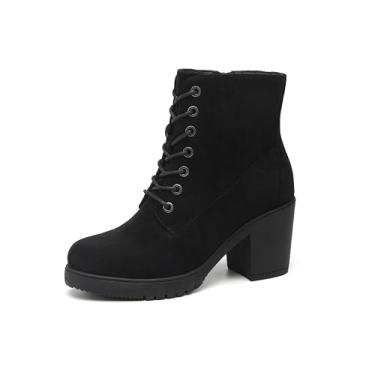 Imagem de TYNDALL Botas femininas de salto grosso, salto alto, com cadarço, zíper lateral, botas para meninas, pretas, Camurça preta, 37