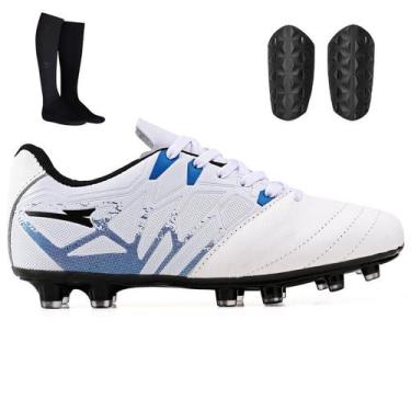 Imagem de Kit com Chuteira Trava Macia + Meião e Caneleira Adulto - Light, Branc