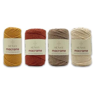 Imagem de Cordão de macramê Sensy Premium de 3 mm, 100% algodão, 60 m, 3 fios torcidos, corda de macramê, fio de algodão para macramê, fio de macramê (cru, tijolo, mostarda, latte, 4 novelos (3 fios))