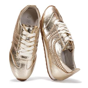 Imagem de Project Cloud Tênis feminino de couro descalço – Tênis feminino com cadarço de espuma viscoelástica – leve e antiderrapante – Tênis feminino moderno para o dia todo (tigre), Dourado, 35