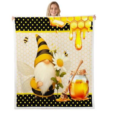 Imagem de Cobertor de cama com tema de abelha para crianças, meninas, geométrico, favo de mel, sherpa, macio, aconchegante, leve, amarelo e preto, cobertor de margarida, presentes para cama, cadeira, escritório