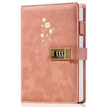 Imagem de Ovesmusl Diário com cadeado para meninas A5 diário de couro para mulheres, 260 páginas, diário recarregável de 100 g/m² com cadeado para adolescentes, segredos, diários de flores com senhas combinadas