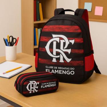 Imagem de Kit Mochila + Estojo Duplo Flamengo - Escolar, Masculino/Feminino - xe