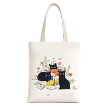 Imagem de MOLOVA Sacolas de lona premium padrão de 35,5 x 38 cm, carga de 25 kg, bolsa de lona reutilizável, natural com alças para dar de presente, trabalho, projetos de bricolage, compras (1 pacote, gato)