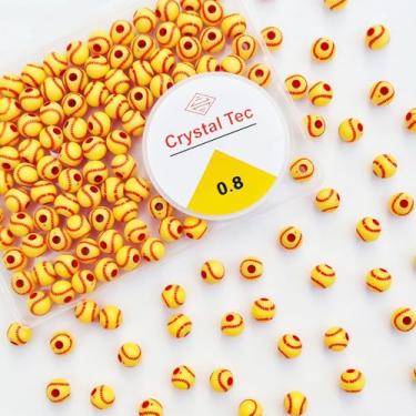Imagem de 100 peças de contas de bola de softball, contas esportivas de softball, amarelas, vermelhas, acrílicas, faça você mesmo, conta espaçadora redonda com corda elástica para colar, pulseiras, chaveiros