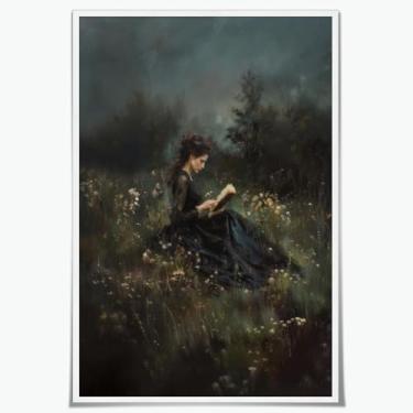Imagem de Mulher vitoriana lendo livro arte de parede prado flores silvestres impressão em tela escura academia decoração de recanto leitura animada pintura eclética vintage biblioteca de imagens pôster livro