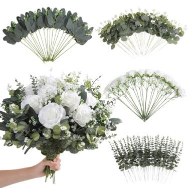 Imagem de 120 peças de folhas artificiais mistas de eucalipto caules volumosos, flores artificiais de hálito de bebê a granel com folhas de eucalipto, hastes de vegetação para buquês faça você mesmo, decoração