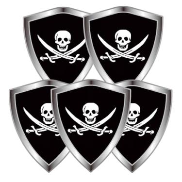 Imagem de Adesivo decalque de bandeira pirata Jack Rackham - adesivos de vinil refletivo em forma de escudo de caveira pirata - para para-choque de janela de carro, laptop, adesivo à prova d'água (5 peças)