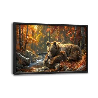 Imagem de Trimety Arte de parede de urso para sala de estar tamanho extra grande animais de outono decoração de parede grande outono floresta impressões em tela imagens gigantes pintura emoldurada casa sala de