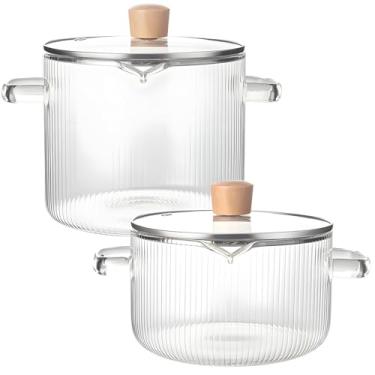 Imagem de Conjunto de panelas de vidro borossilicato de 2 peças, seguro para fogão e micro-ondas, tampas de madeira, resistentes ao calor e laváveis na lava-louças