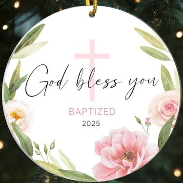 Imagem de Enfeite batizado de Deus Bless 2025, enfeite de Natal para batismo, presentes de batismo de Páscoa para meninos e meninas, presentes de batismo cruzado para afilhado de padrinhos, decoração católica