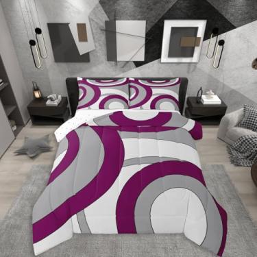 Imagem de Erosebridal Jogo de cama solteiro com círculos geométricos artísticos e listrados cinza ameixa para minimalistas, arte moderna, estética contemporânea, edredom boêmio