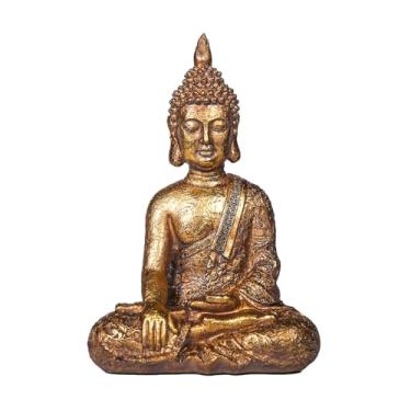 Imagem de Hebdids Estátua de Buda sentado de resina dourada - 29 cm (grande), escultura de Buda de meditação para decoração de casa, zen, sala de estar e escritório, peça de arte budista pintada à mão