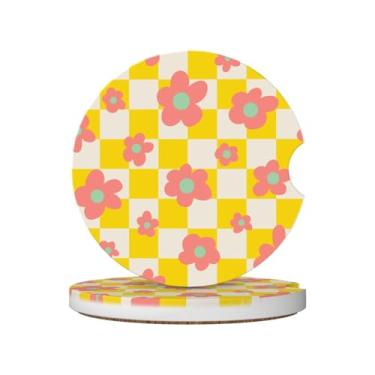 Imagem de Porta-copos de carro de flor vermelha amarela xadrez para porta-copos, 2 porta-copos de carro para carro, porta-copos de carro absorvente de cerâmica com entalhe de dedo e base de cortiça, acessórios