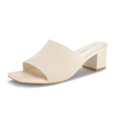 Imagem de Shoe'N Tale Sandálias de salto de malha para mulheres com bico aberto quadrado mules bloco grosso salto baixo slip on slides, Branco creme, 7.5