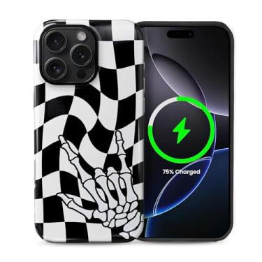 Imagem de Zhhoya Capa para iPhone 15 Pro Max, estampa de mão de esqueleto de tabuleiro de xadrez, brilhante, à prova de choque, capa protetora magnética engraçada estética antiarranhões