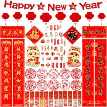 Imagem de Auzesto 90Pcs Decorações De Ano Novo Chinês 2025 Incluem Dísticos Chineses Chunlian Lanternas Vermelhas Envelopes Vermelhos Papel Sorte Enfeites Pendurados Banner Personagem Fu Decoração De Janela P
