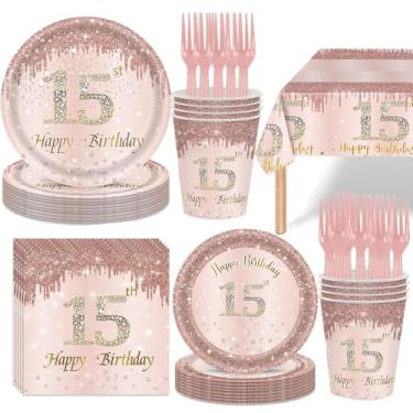 Imagem de 121 peças de artigos para festa de 15 anos, pratos, guardanapos, copos, garfos, toalha de mesa, ouro rosa, temática de feliz aniversário de 15 anos, decorações descartáveis para servir 24 convidados