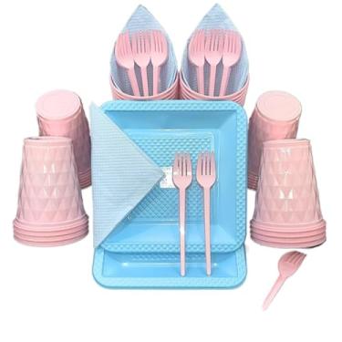 Imagem de Kit Festa Aniversario 180 Itens Candy Descartavel Diamante Premium C/Pratos Copos Garfinho Cor Pastel Azul Rosa Amarelo (Rosa Azul Candy)