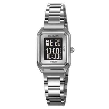 Imagem de MASTOP Relógio digital dourado quadrado de aço inoxidável à prova d'água com data, alarme, cronômetro, contagem regressiva, Prateado, preto, Moda esportiva delicada