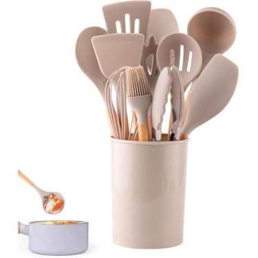 Imagem de Conjunto de Utensílios de Cozinha em Silicone, 12 Peças, Cabo de Madeira, Bege, com Suporte, para Cozinhar e Assar