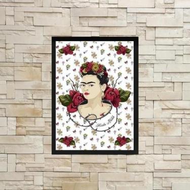 Imagem de Quadro Frida Fundo Rosas Vermelhas 45X34Cm - Quadros On-Line