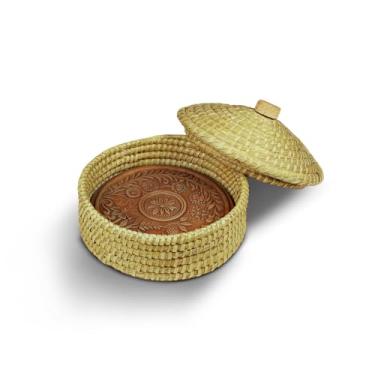 Imagem de Cesta para aquecer pão com pedra e tampa – Inclui cesta redonda de aquecimento com tampa, forro e aquecedor de terracota para servir tortilha, pão quente fresco, inclui pedra de aquecimento e toalha