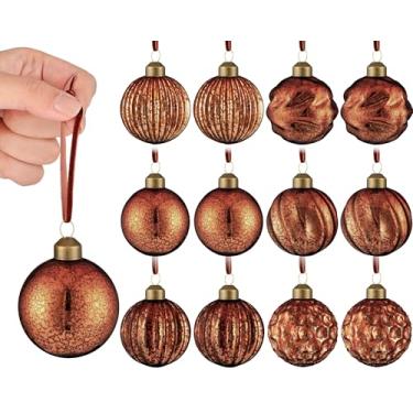 Imagem de 12 peças de enfeites de bola de Natal vintage de vidro mercúrio 6 cm decorações de bola em relevo antigas decorações de árvore de Natal para presentes de Natal e férias de inverno (marrom)