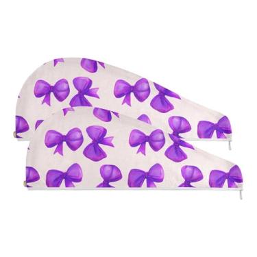 Imagem de SEHANY Lindo laço roxo microfibra toalha de cabelo para mulheres 2 peças turbantes de cabelo de secagem rápida com botão, touca de cabelo seco absorvente toalha de secagem de cabelo para cabelos